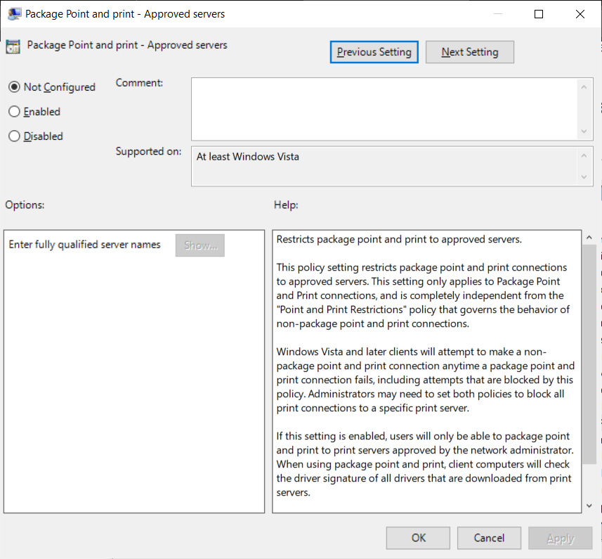 Package Point and print - Approved servers group policy