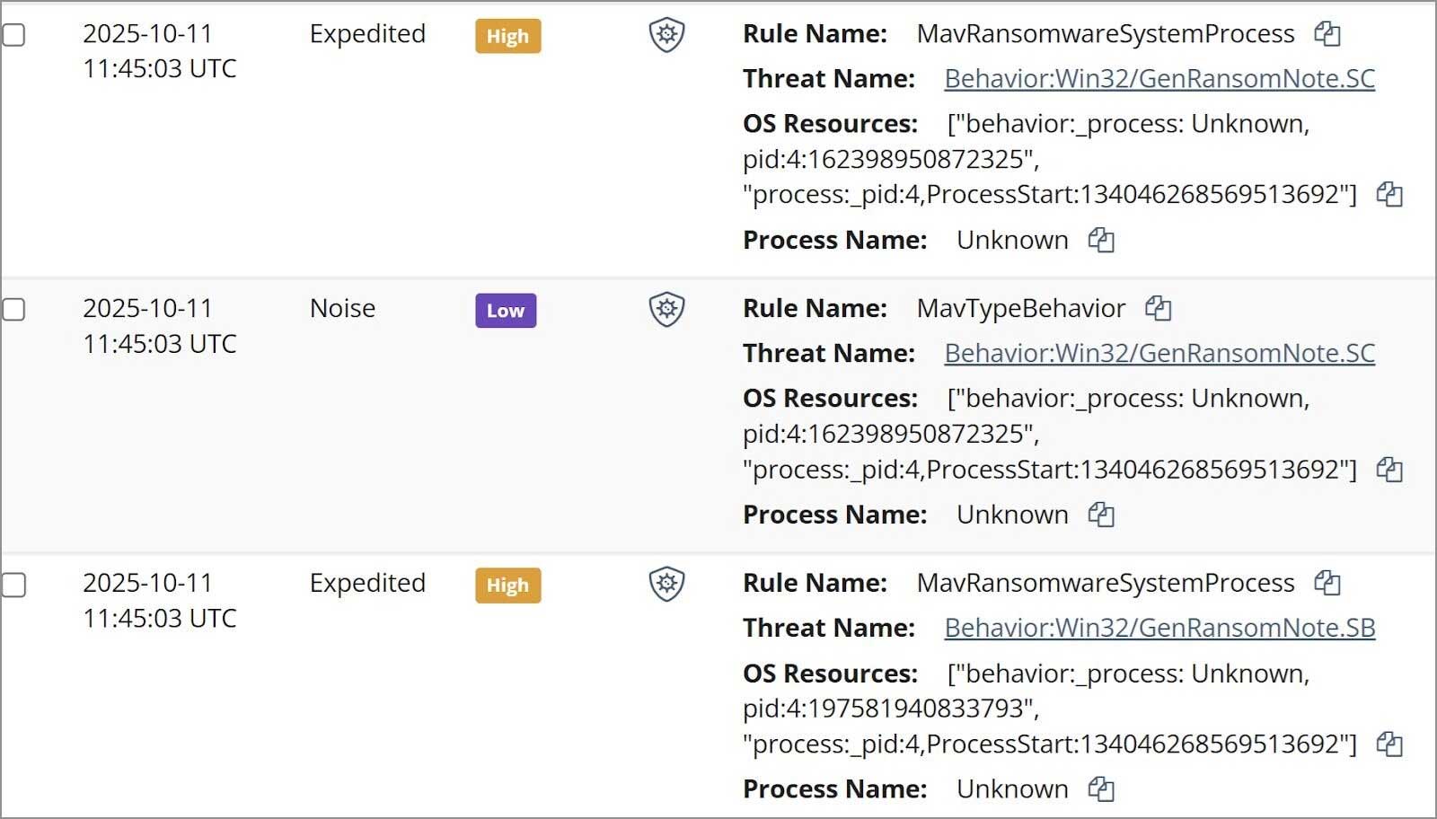Figure 1: MAV alerts that tripped after the ransom note was dropped