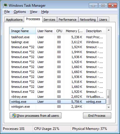 Task Manager showing Winlog.exe