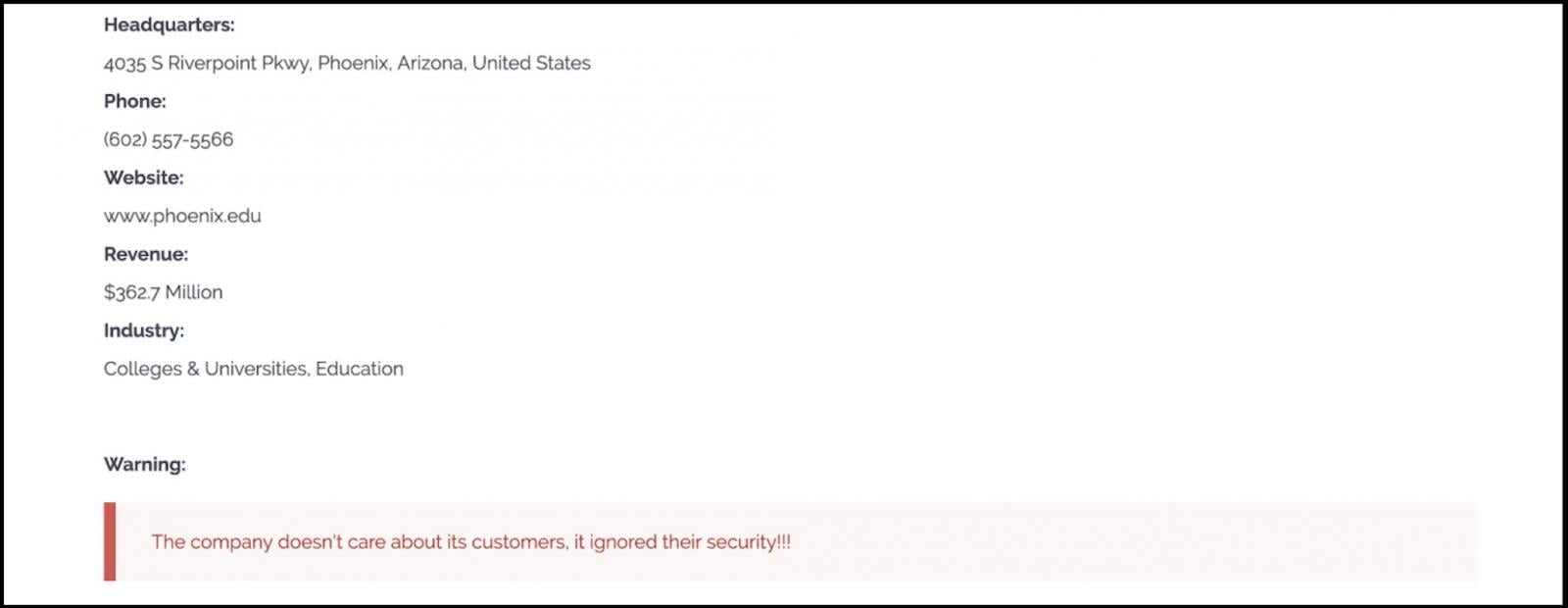 University of Phoenix entry on Clop's leak site